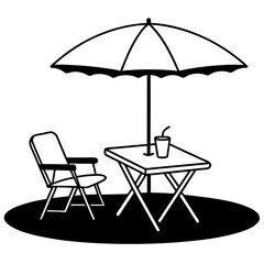 Scene of chair with coffee table and umbrella near green lawn in nature park cartoon