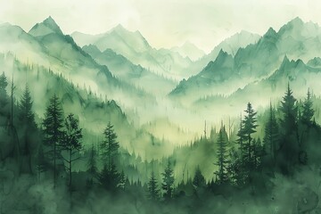 Beautiful watercolor painting of a misty mountain landscape with lush green trees, creating a serene and tranquil atmosphere.