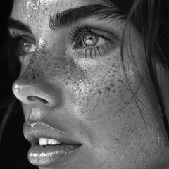 Fototapeta premium Close-up monochrome portrait of a young woman with freckles, capturing deep emotional expression and intricate facial details.