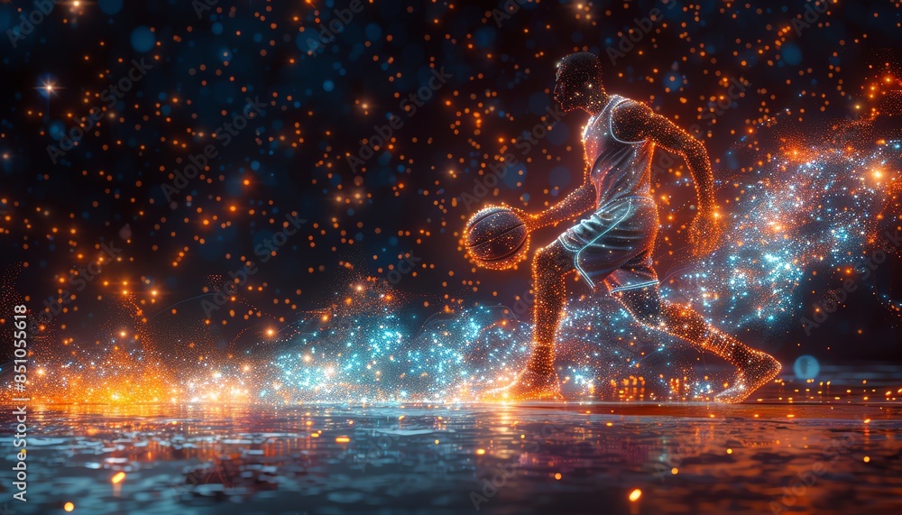 Poster futuristic digital art of a basketball player dribbling with sparkles and light effects in a dynamic