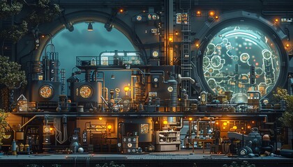 Steampunk laboratory with glowing lights and intricate machinery, showcasing a futuristic and vintage blend of technology and design.
