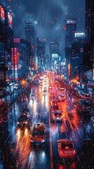 Fototapeta premium Vibrant city street lit with neon lights, reflections on wet pavement, and heavy traffic. A busy urban night scene capturing modern city life.