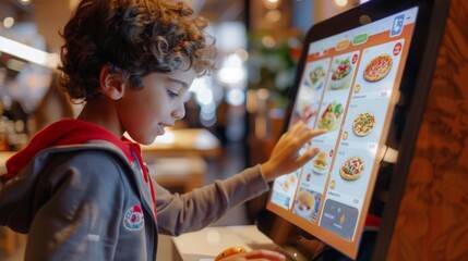 A young boy with curly hair is ordering from a digital menu at a restaurant. He is pointing at the screen and appears to be choosing what to eat.
