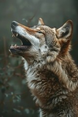 Obraz premium Howling Wolf: A shot of a wolf in winter forest howling at dusk, capturing its wild nature and the atmospheric background.