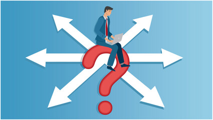Man uncertain about what road he should choose. Sitting on question mark with arrows with different angels in background. 16:9. Vector illustration.