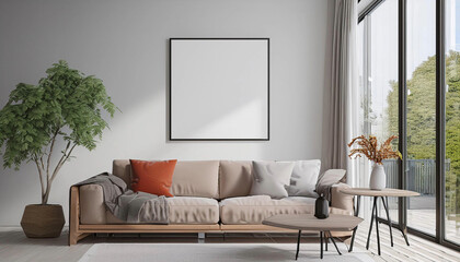 Frame mockup, ISO A paper size. Living room wall poster mockup. Interior mockup with house background. Modern interior design. 3D render