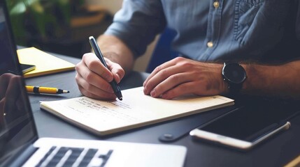Man Writing Notes at Desk with Laptop