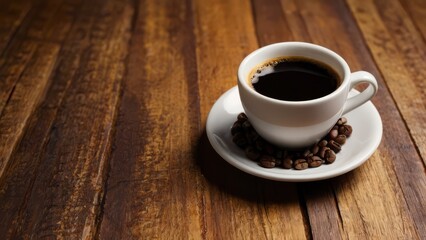 cup of coffee on table with beans