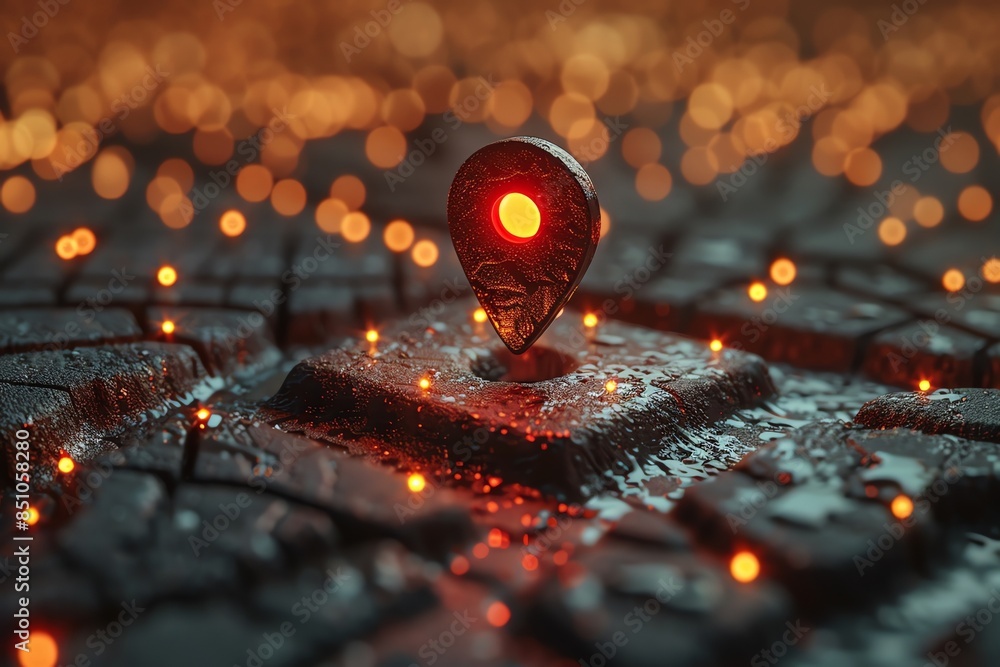 Poster close-up of a futuristic circuit with glowing lights and a distinctive red marker in a dark, abstrac