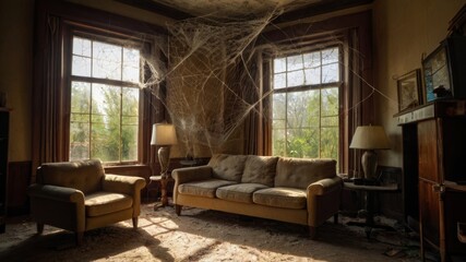 Fototapeta premium interior of an uninhabited living room with cobwebs