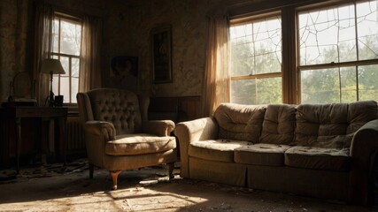 interior of an uninhabited living room with cobwebs