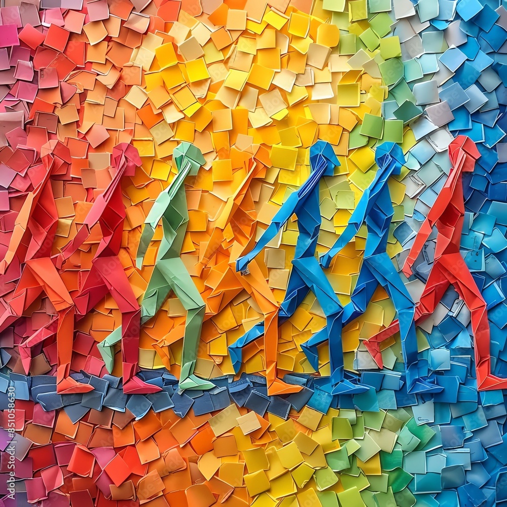 Poster colorful paper origami figures in a gradient background creating a vibrant and dynamic art piece.