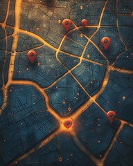 Aerial view of a city map at night with illuminated roads and red location pins indicating various points of interest.