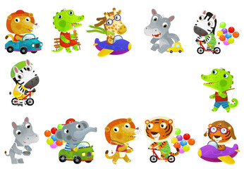 cartoon scene with frame border template with different zoo or african animals many activities with space for text isolated illustration for children