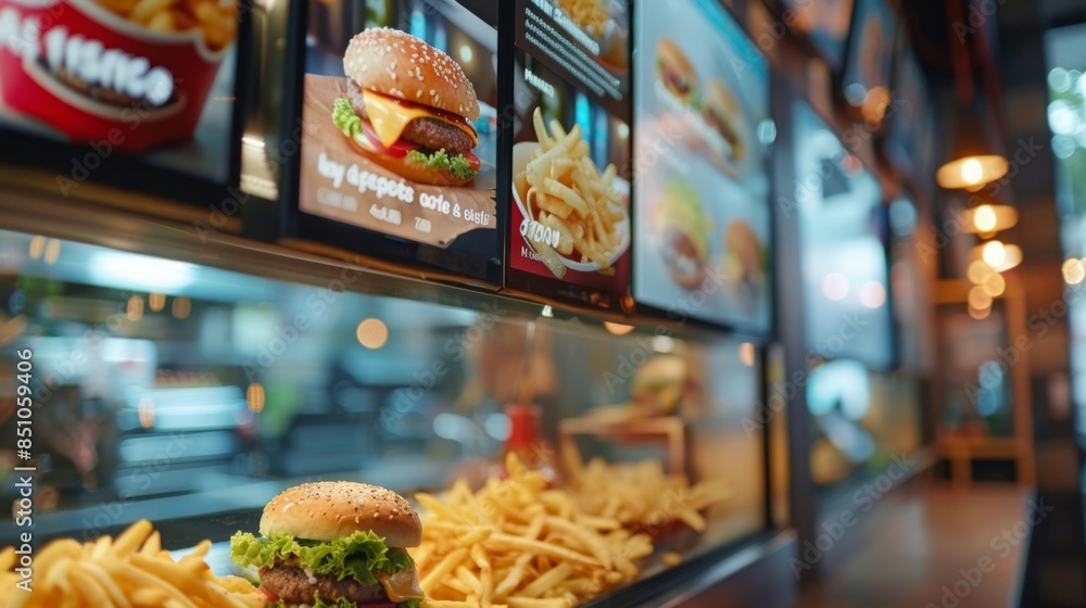 Poster a close-up view of a fast food restaurant with digital menu displays showing burgers and fries. the 