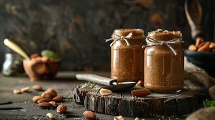 displayed jars of homemade almond and cashew butter on a wooden board with a spreader, set against a cozy kitchen backdrop.