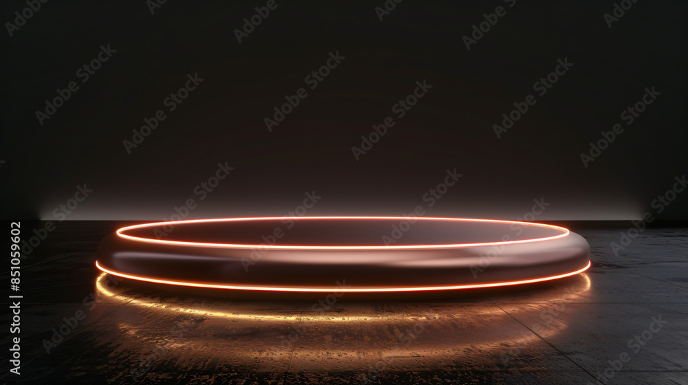 Poster neon-lit circular platform shining in a dark, atmospheric environment