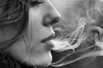 Naklejka premium Black and white close-up profile of a woman exhaling smoke, creating a wispy and artistic atmosphere.