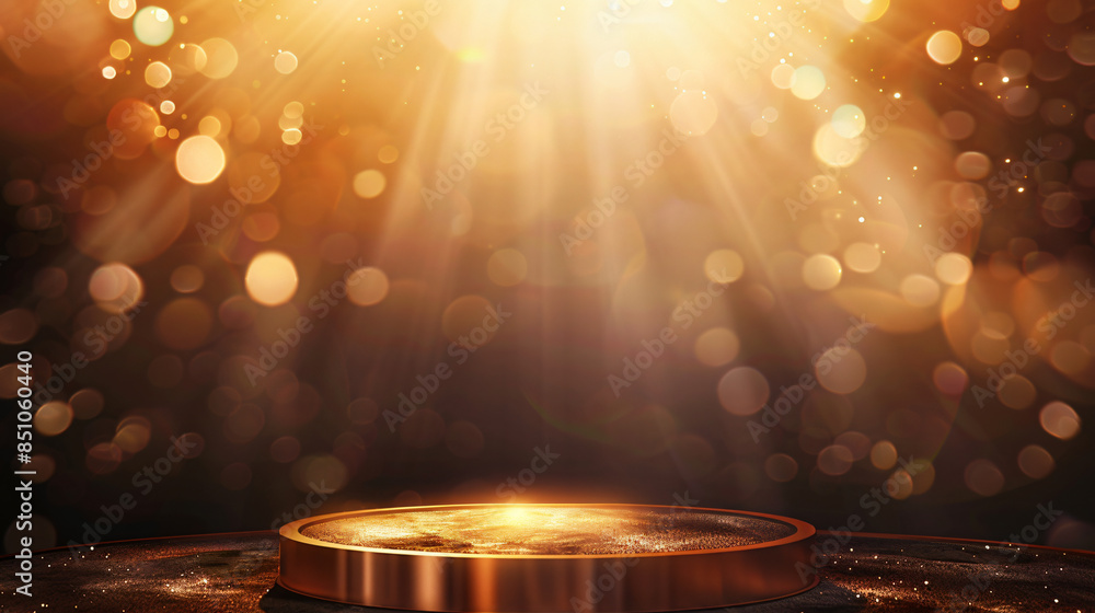 Poster Luxurious empty stage with golden shimmer and bokeh lights, ideal for product display