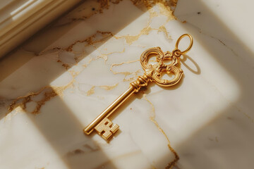 Golden Key on Sunlit Marble Surface