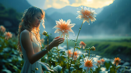 The mountains with flowers, lush greenery, gardens, and terraced land. A beautiful girl with amazing landscape pictures for wallpaper, posters, print, wall art, and more. You only get unique from me.