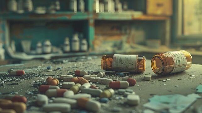 Abandoned Pharmacy: Spilled Prescription Bottles And Pills On A Dusty Table, Expired Medicine, Struggling With Addiction: Symbolic Representations, Old Pharmacy, Abandoned Medical Store, Drugs, Tablet