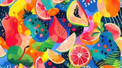 A creative art piece showcasing colorful fruit including watermelon Citrullus on a vibrant blue background. The artwork features a pattern of circles and vibrant colors AIG50 - Powered by Adobe