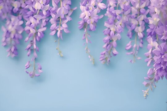 cascata di fiori viola di glicine dolcemente mossi dal vento su sfondo blu
