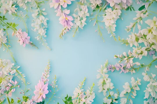 cornice di fiori bianchi e rosa di glicine dolcemente mossi dal vento su sfondo blu