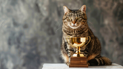Striped cat sits beside a golden trophy, exuding pride and achievement