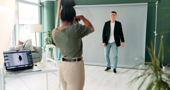 Studio, man and cameraman shooting fashion model in photography for creative, capture and image. Media agency, backstage or professional photographer with pictures, equipment or style for photoshoot