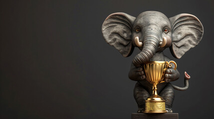 Charming illustration of a cartoon elephant statue with a golden trophy against a dark background - Powered by Adobe