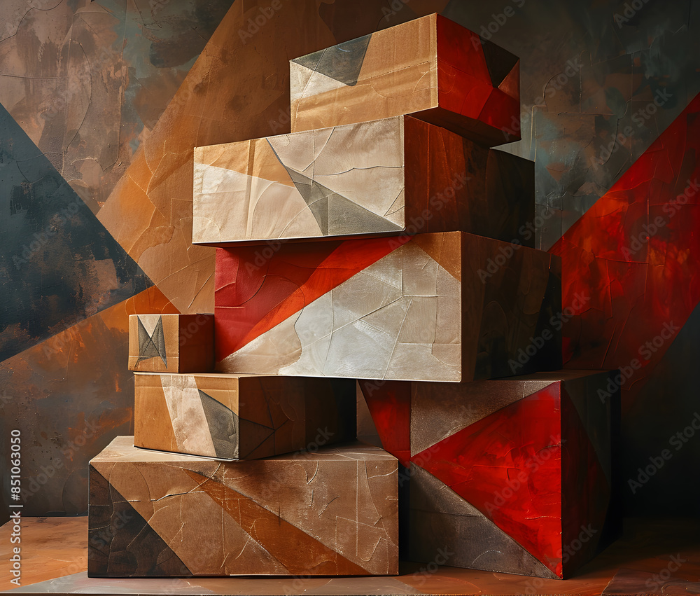 Poster a stack of boxes with a red and brown design
