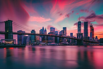 New York City skyline with Brooklyn Bridge at sunset, colorful sky and skyscrapers in the...