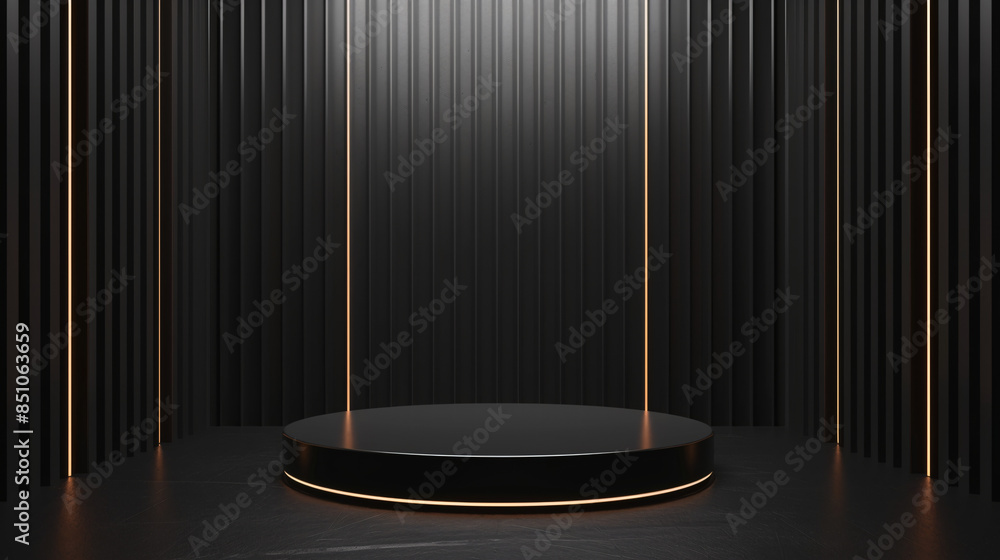 Poster 3d rendered image of a sleek black stage with ambient lighting, perfect for showcasing objects