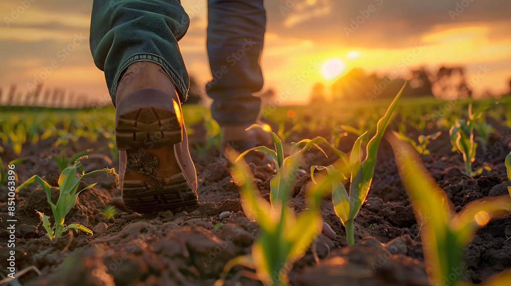 Wall mural farmer boots walking away from the camera in a field of sprouting corn at sunset.