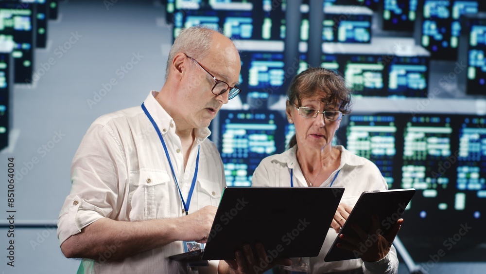 Poster focused it inspectors looking around data center, using laptop and tablet to crosscheck disaster rec