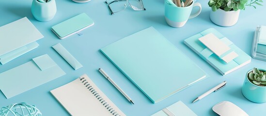 Stationery on pastel blue table