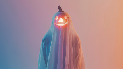 Happy pumpkin ghost in a veil against a pastel background