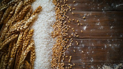 Rice wheat grains and ears closeup view