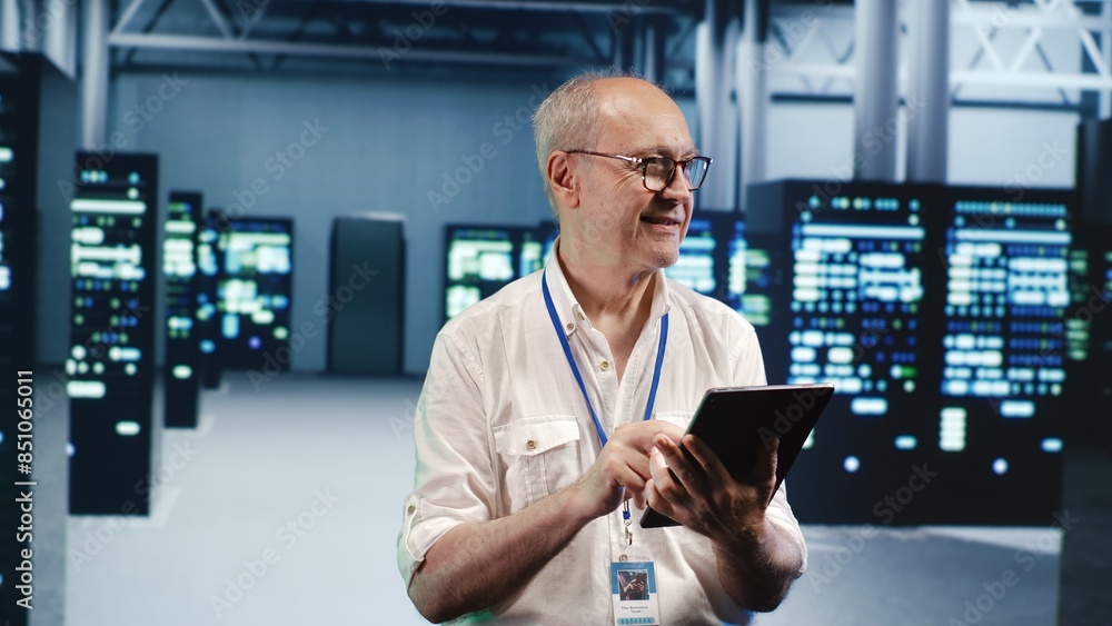Poster senescent employee expertly managing data while navigating through industrial server rows. octogenar
