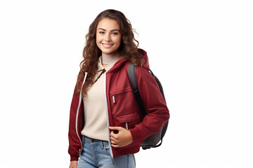 Young woman wearing red jacket and backpack standing in front of white background