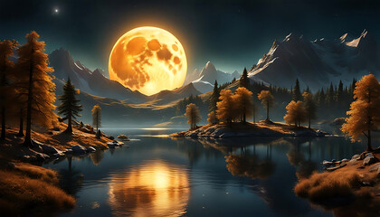 Mond gro&szlig; leuchtend am dunklen Nacht Himmel &uuml;ber Landschaft mit See und Bergen Gebirge als Vorlage Hintergrund romantisch sch&ouml;n dekorativ nat&uuml;rlich still friedlich, Nachthimmel Mondaufgang Vollmond