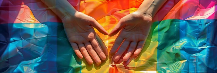 Obraz premium Horizontal banner. LGBT Pride Month. Two hands side by side on a rainbow flag. lgbt flag, lgbt parade, International Day Against Homophobia.