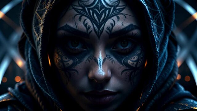 Close-up of a sorceress with tattooed face and hood. Cinematic scene of a witch woman looking at the camera and seamless looping.