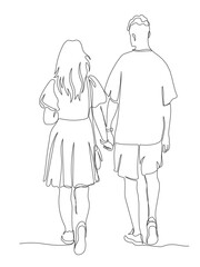 Young couple holding hands and walking away. Continuous line drawing. Black and white vector illustration in line art style.