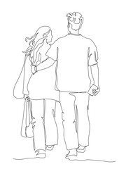 Couple walking away embracing. Man holding phone. Back view. Continuous line drawing. Black and white vector illustration in line art style.