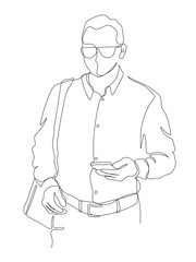 Man in glasses using phone. Continuous line drawing. Black and white vector llustration in line art style.