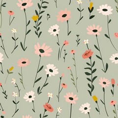 Seamless pattern of pink daisies, natural tones,modern Scandinavian graphics on a pale green background
