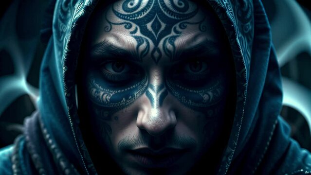 Sorcerer warrior of an ancestral tribe with tattooed face and hood. Seamless loop of a cinematic close-up of a man.